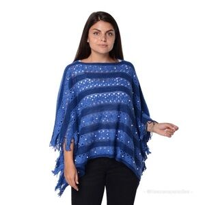 Blue, Gray Stripe Knitted Poncho Scattered Pearls
